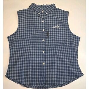 Essy Riders Sleeveless Shirt Women's XL Button Up‎ Fitted Plaid Blue Biker